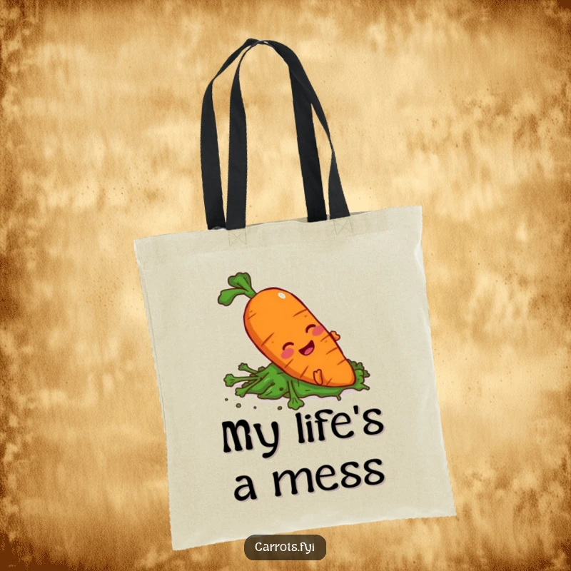 Funny carrot character slipping on greens on a tote bag, showcasing clumsy humor.