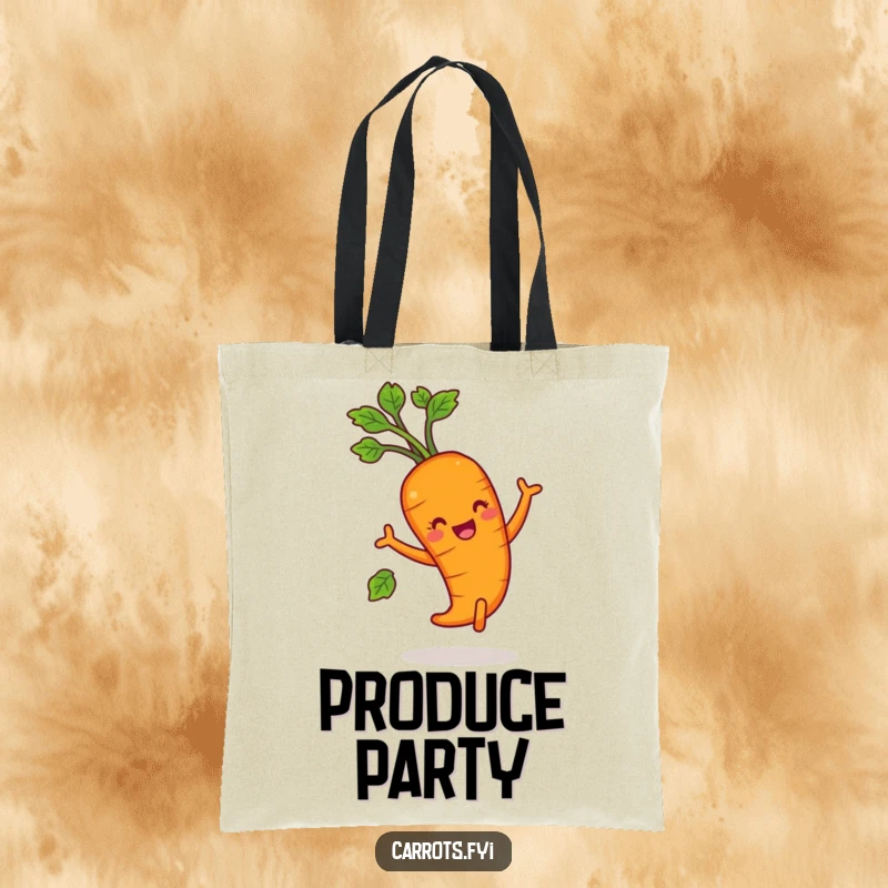 Funny carrot character dancing with leafy greens, a humorous and practical tote bag.