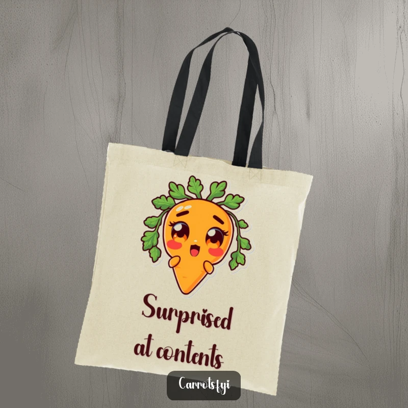 Funny tote bag displaying an anthropomorphic carrot character with comically wide, startled orange eyes, perfect for carrying items with a humorous, surprised flair.